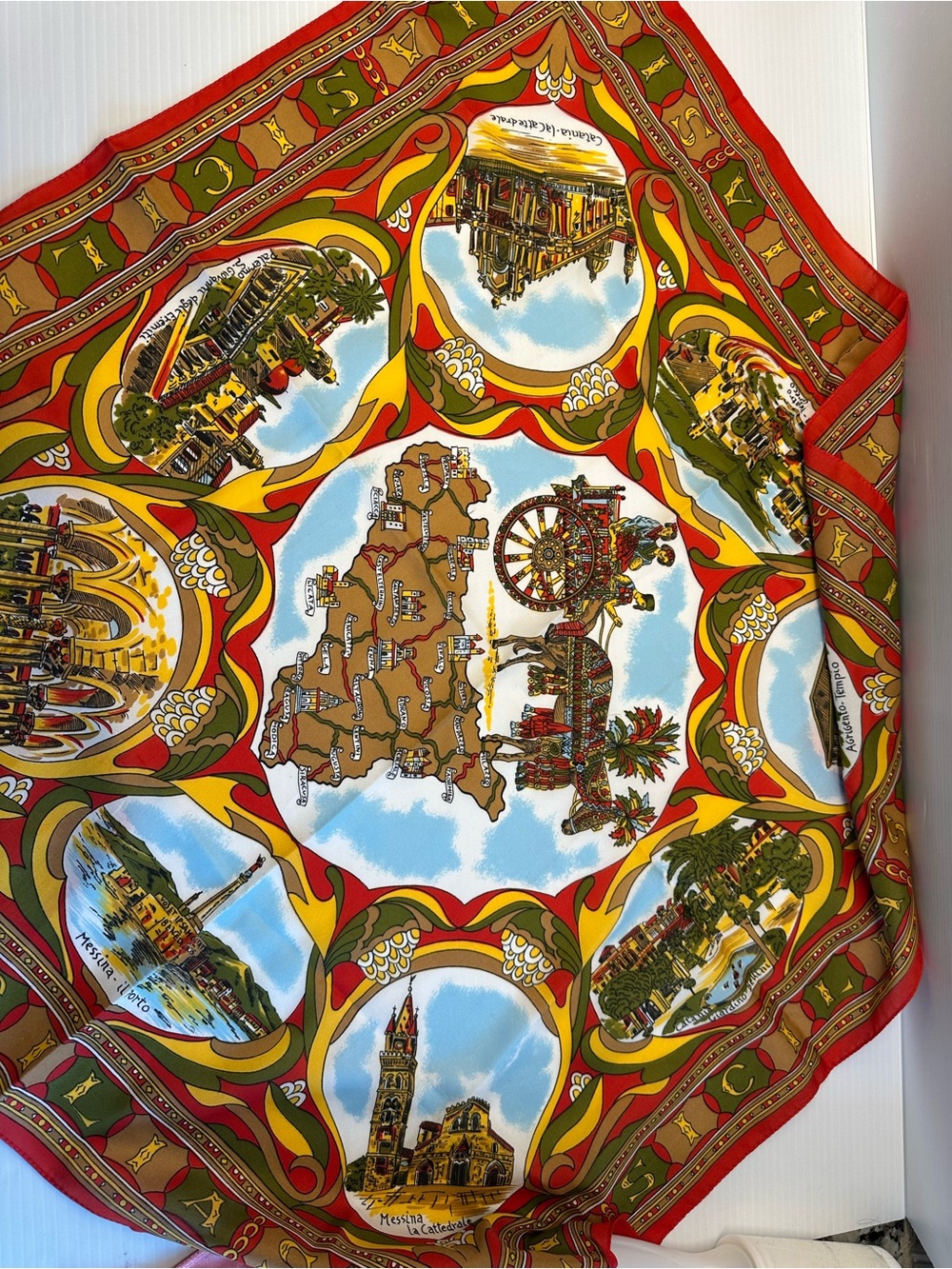 Vintage Sicilia Italy Souvenir Scarf Sicily Map Landmarks Red Gold 27” Square